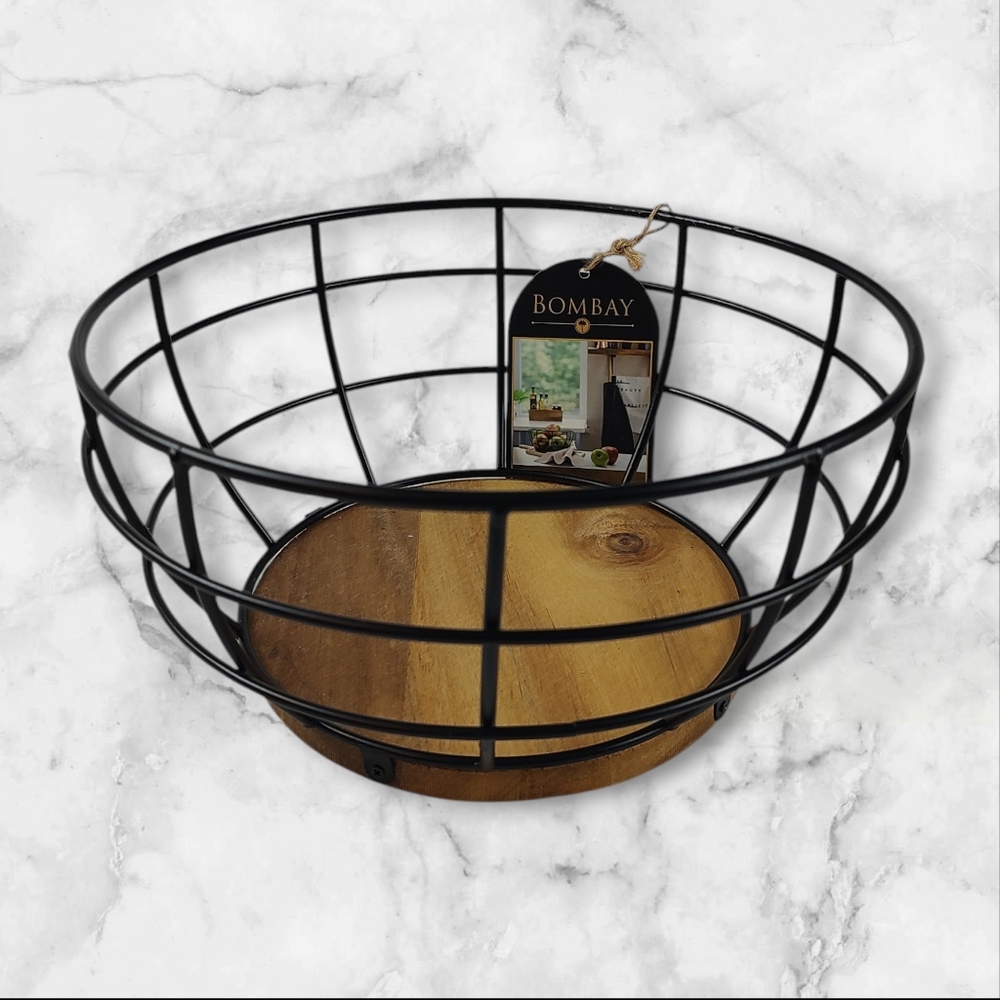 Bombay Company Acacia Wood Wire Fruit Basket 4.92" x 10"